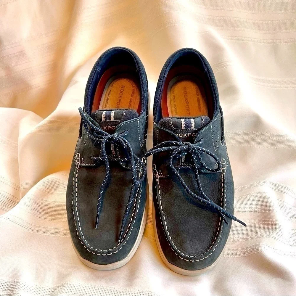 Men’s Rockport Boat Shoes Blue‎ Leather Canvas Suede truTECH sz 10 EUC
